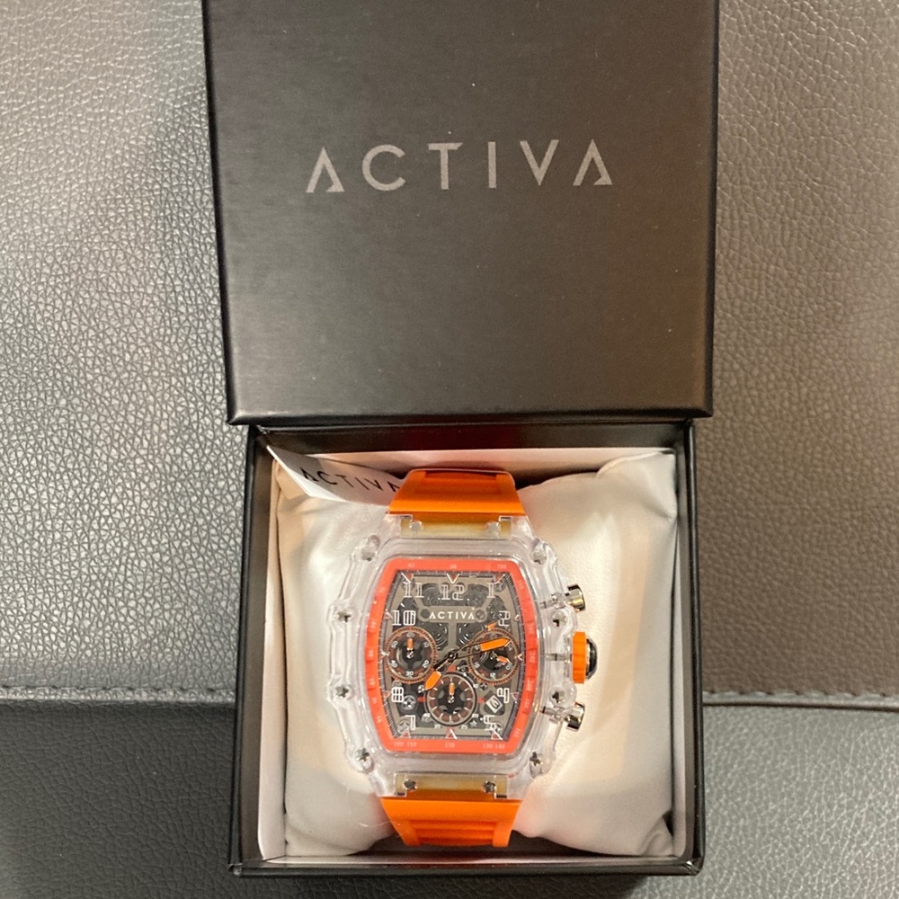 Activa Watch w/ Skeleton Dial 44.3mm, Orange strap/clear face (ACW2305-003) - Picture 2 of 7